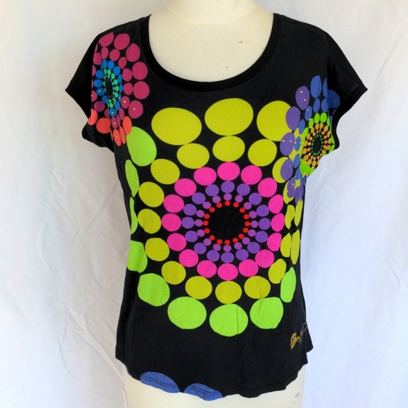 Desigual summer top, black with festival print, size S - Picture 1 of 9